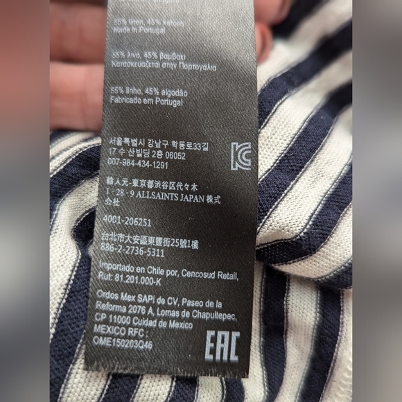 ALLSAINTS Harper LINEN COTTON Striped Cold Shoulder T-Shirt Ink Blue Size XS - Picture 10 of 14